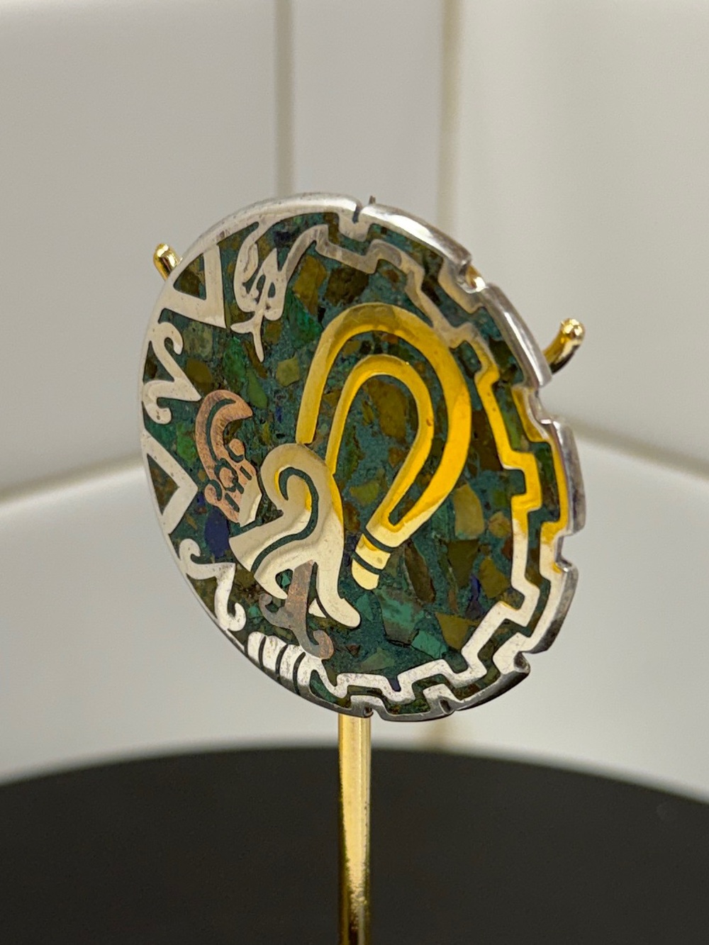 Vintage Taxco Sterling Silver Mixed Metal Quetzalcoatl Mosaic Inlay Brooch - Picture 3 of 11